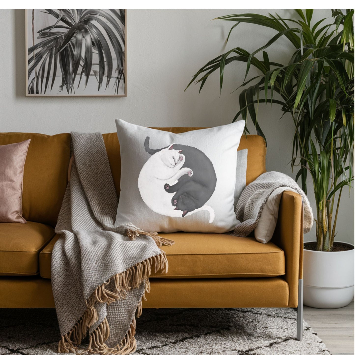 Sleeping White and Gray Cats Pillow - MerikaArt