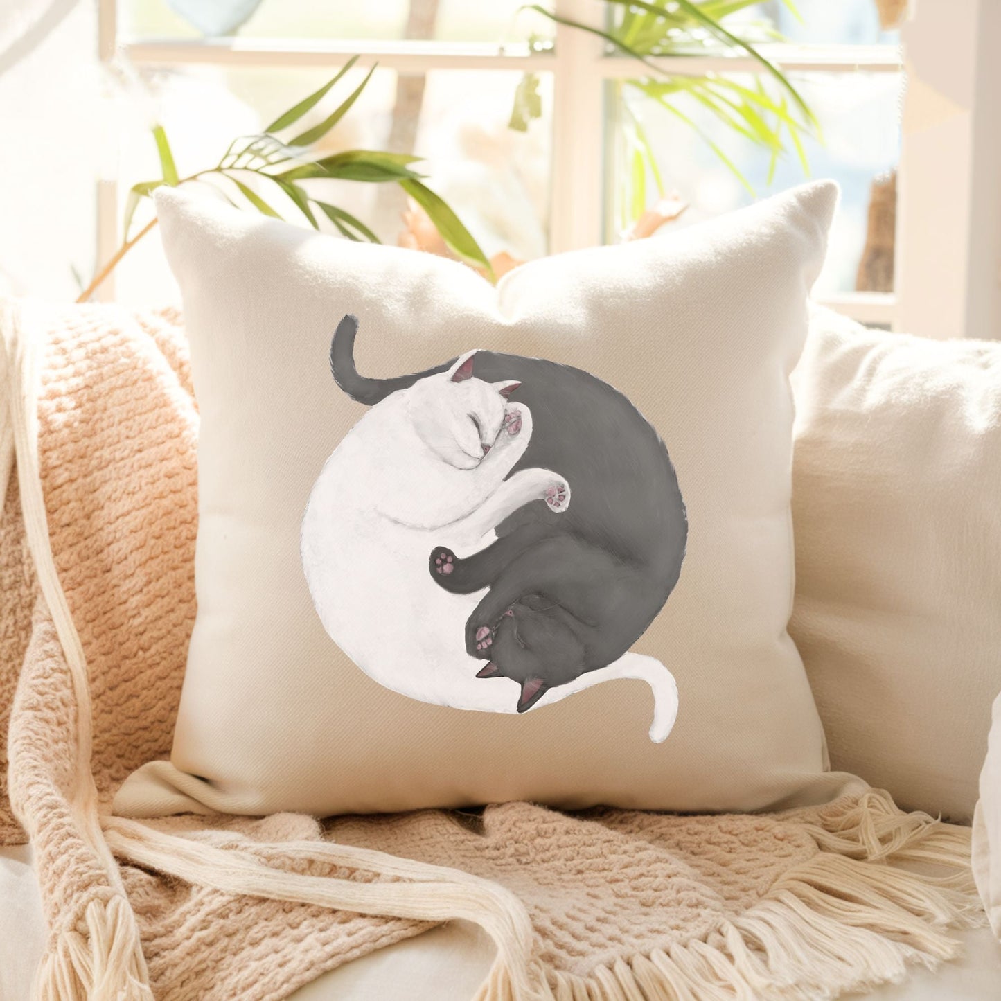 Sleeping White and Gray Cats Pillow - MerikaArt