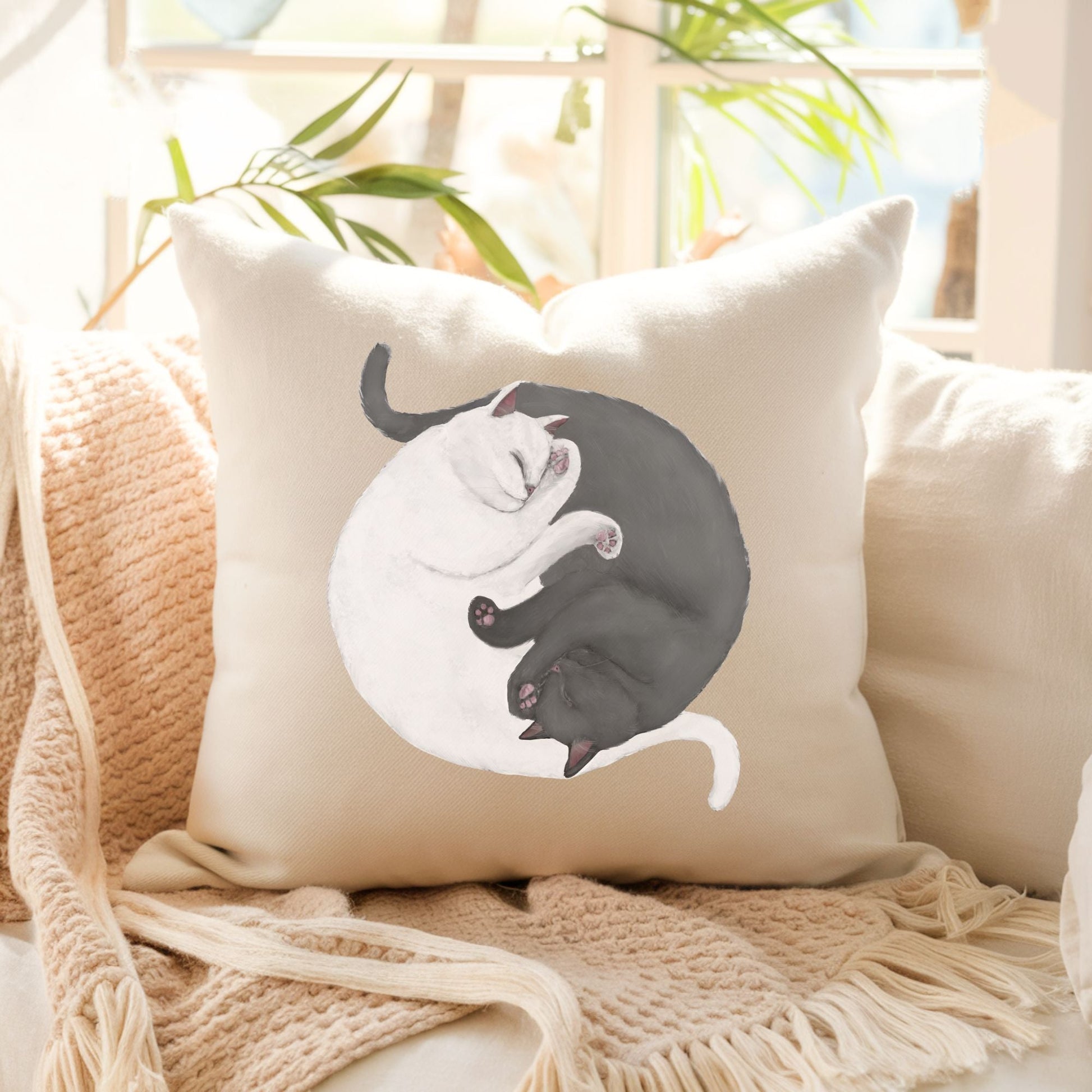 Sleeping White and Gray Cats Pillow - MerikaArt