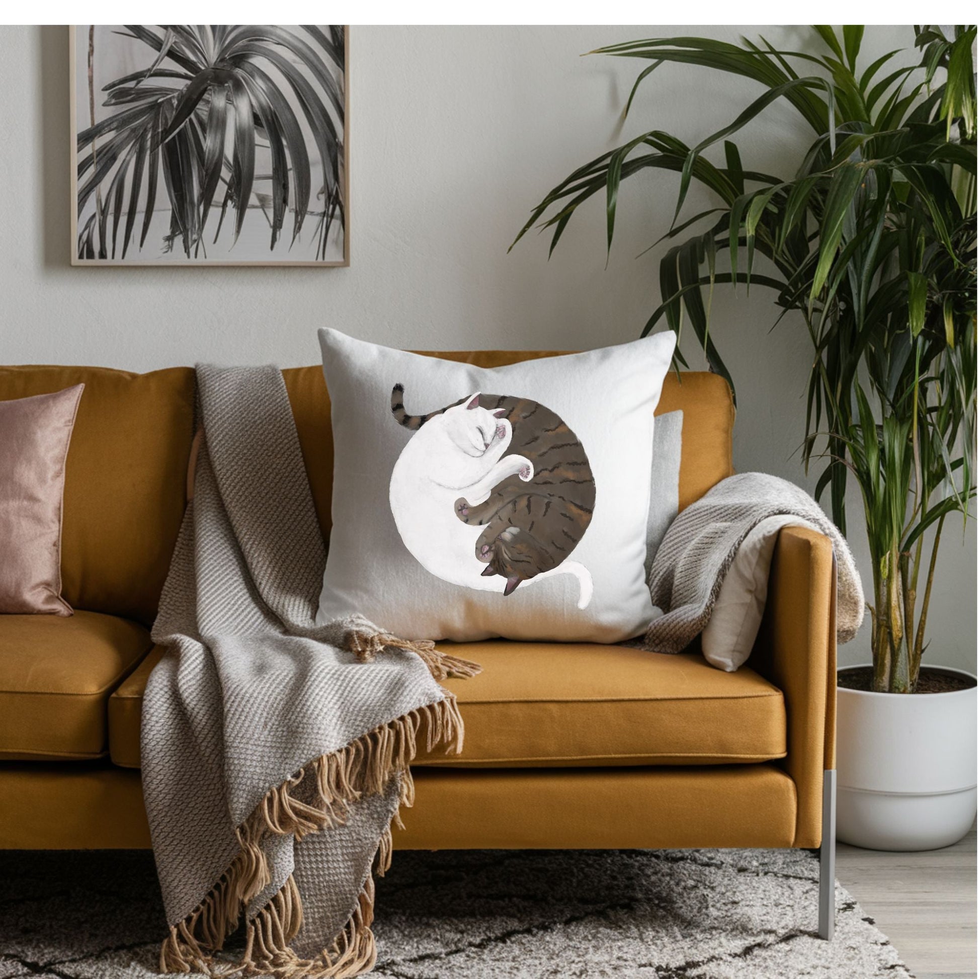 Sleeping White and Gray Tabby Cats Pillow - MerikaArt