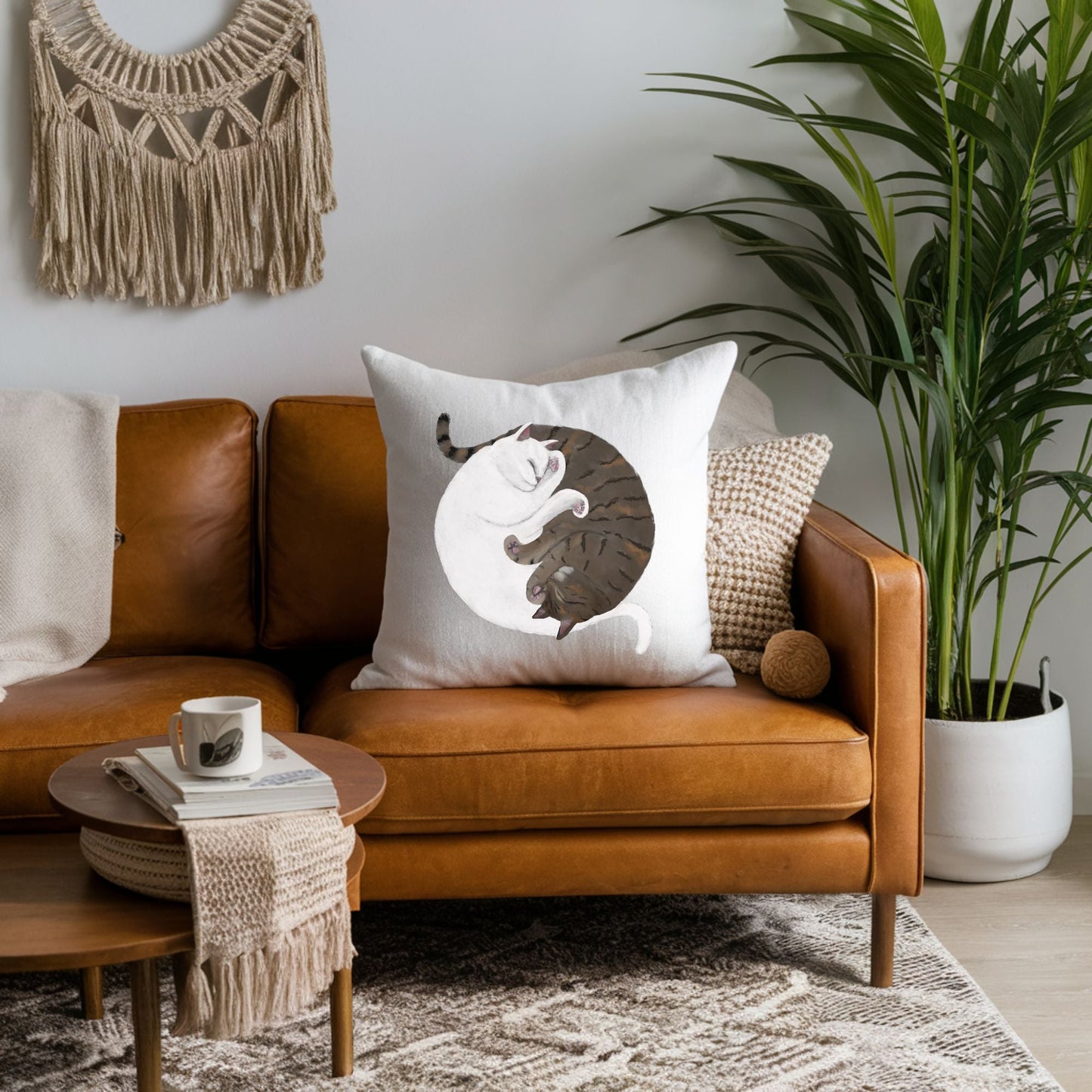 Sleeping White and Gray Tabby Cats Pillow - MerikaArt