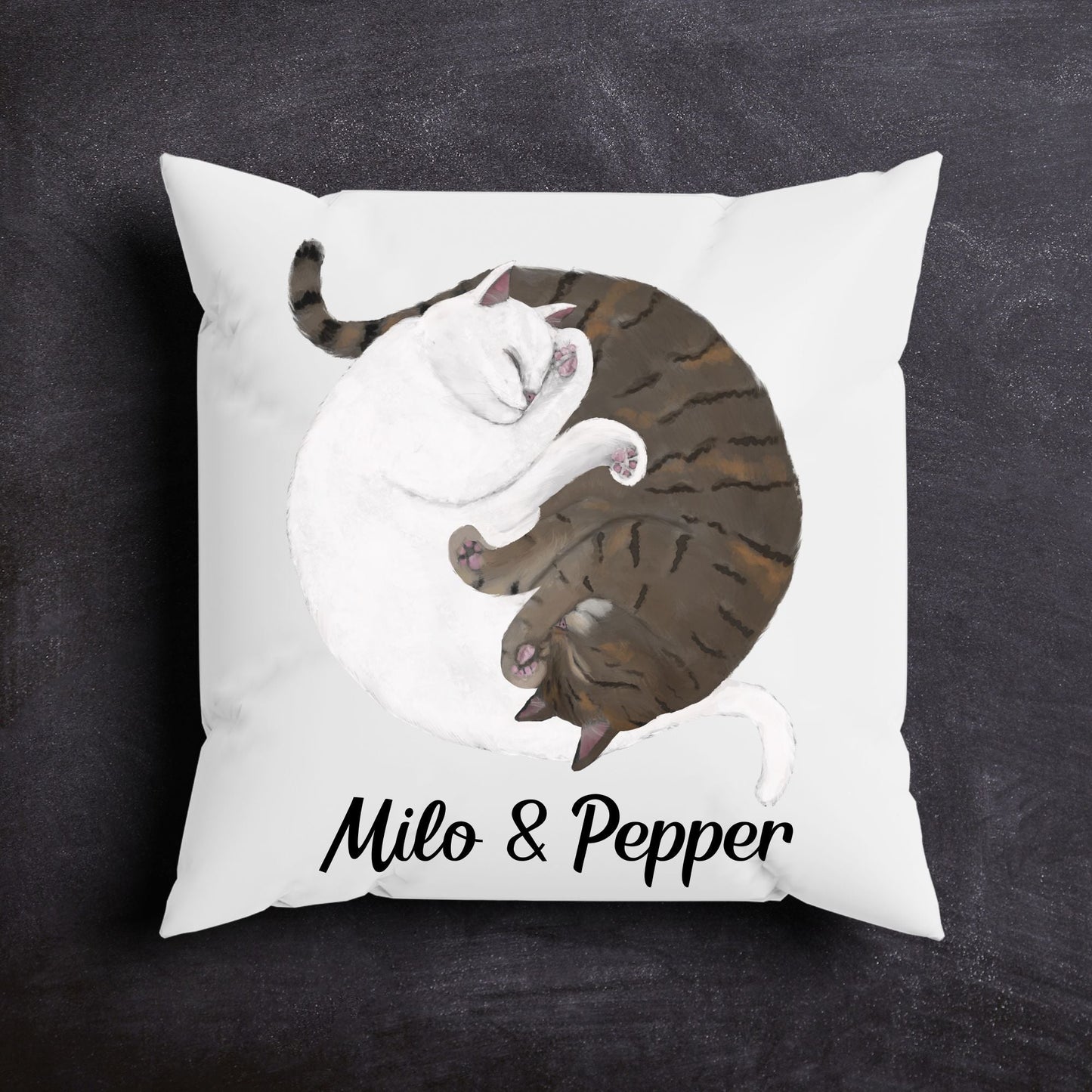 Sleeping White and Gray Tabby Cats Pillow - MerikaArt