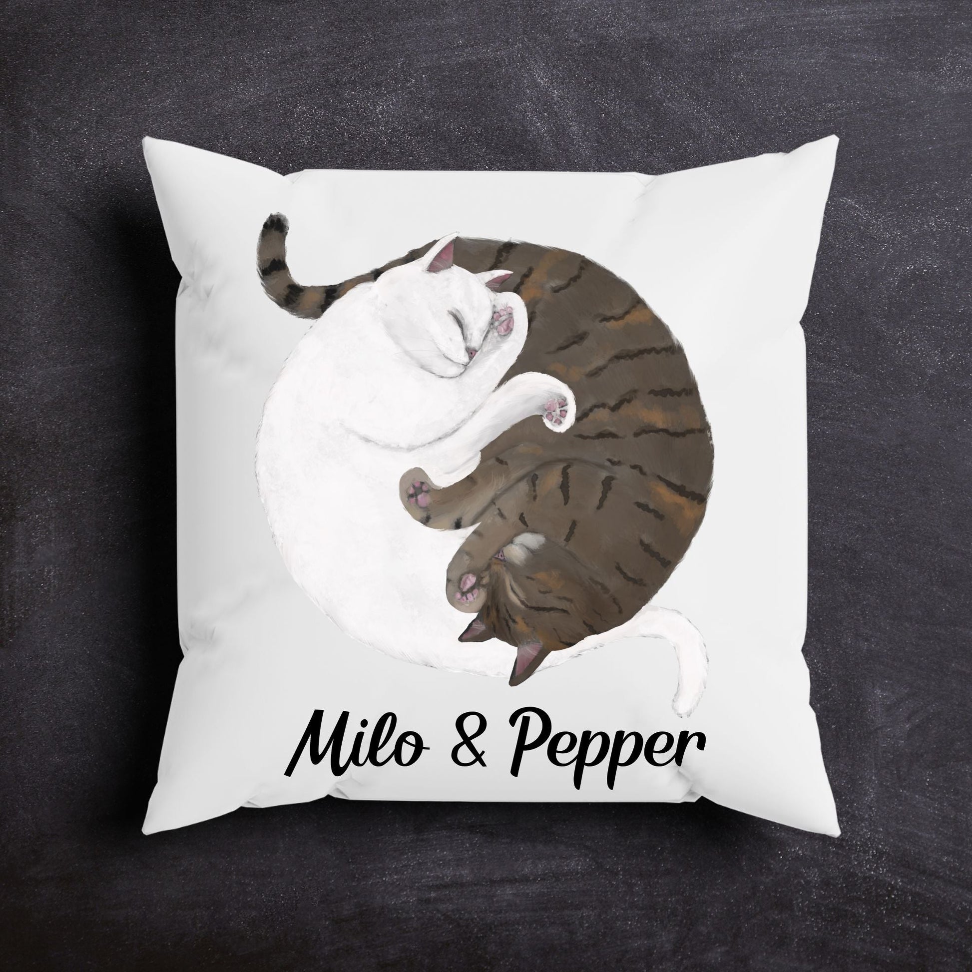 Sleeping White and Gray Tabby Cats Pillow - MerikaArt