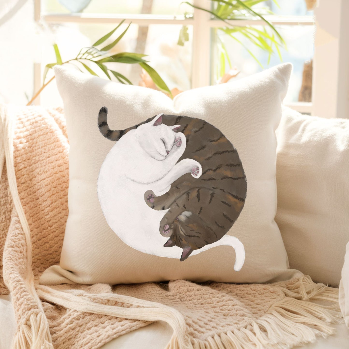 Sleeping White and Gray Tabby Cats Pillow - MerikaArt