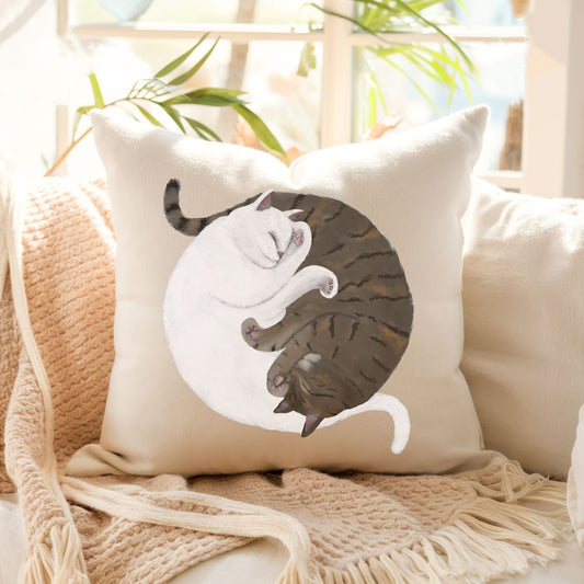 Sleeping White and Gray Tabby Cats Pillow - MerikaArt