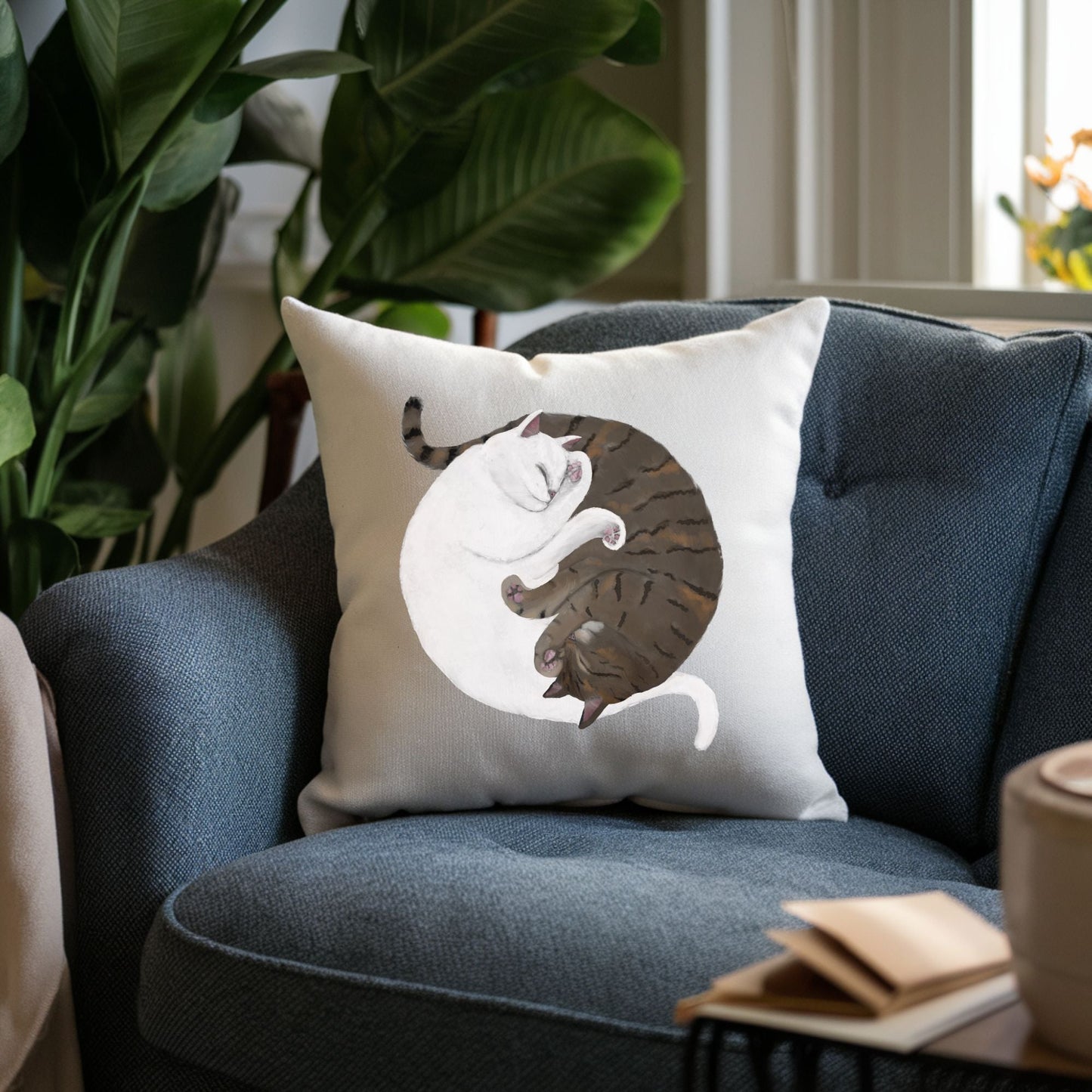 Sleeping White and Gray Tabby Cats Pillow - MerikaArt