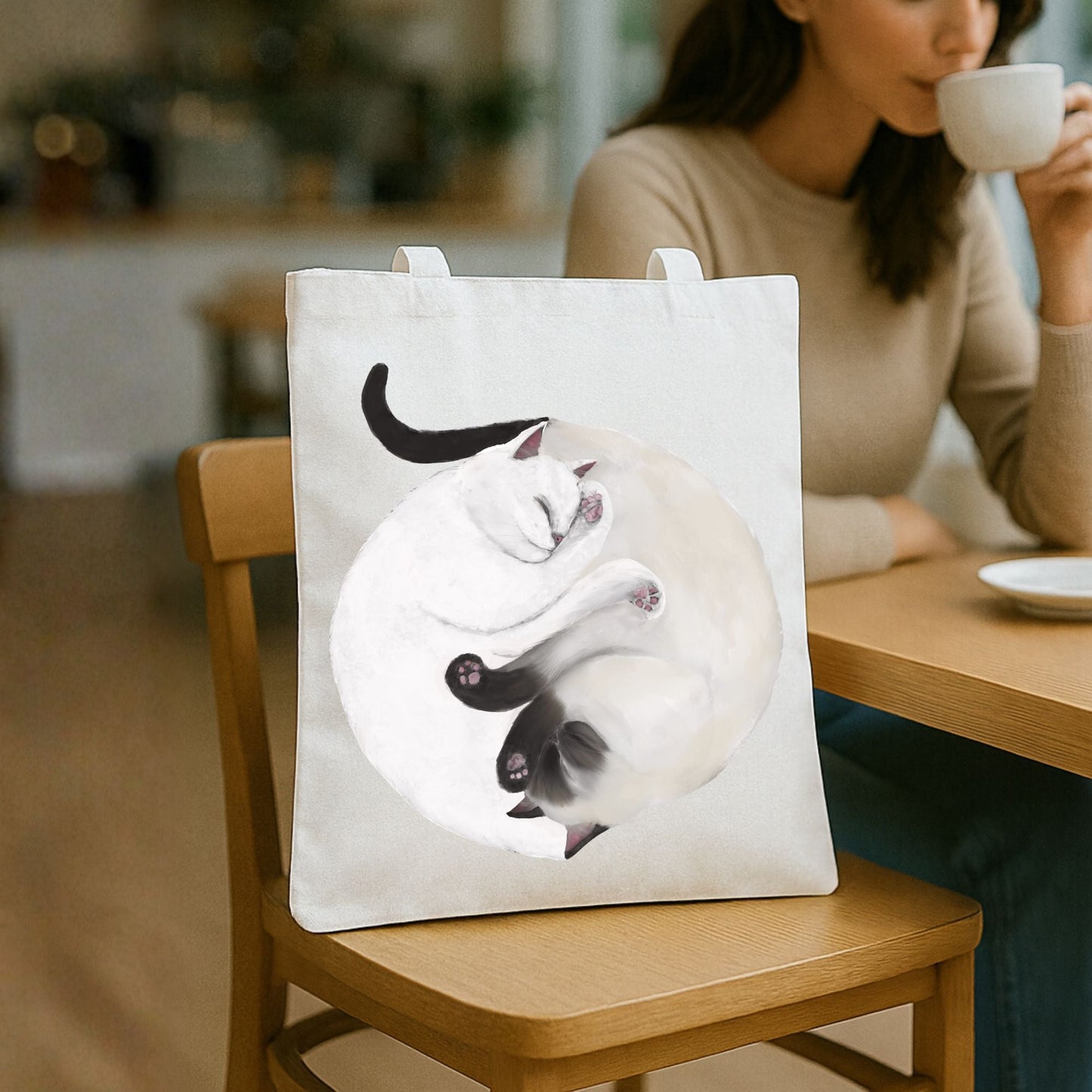 Sleeping White and Siamese Cats Canvas Tote Bag - MerikaArt