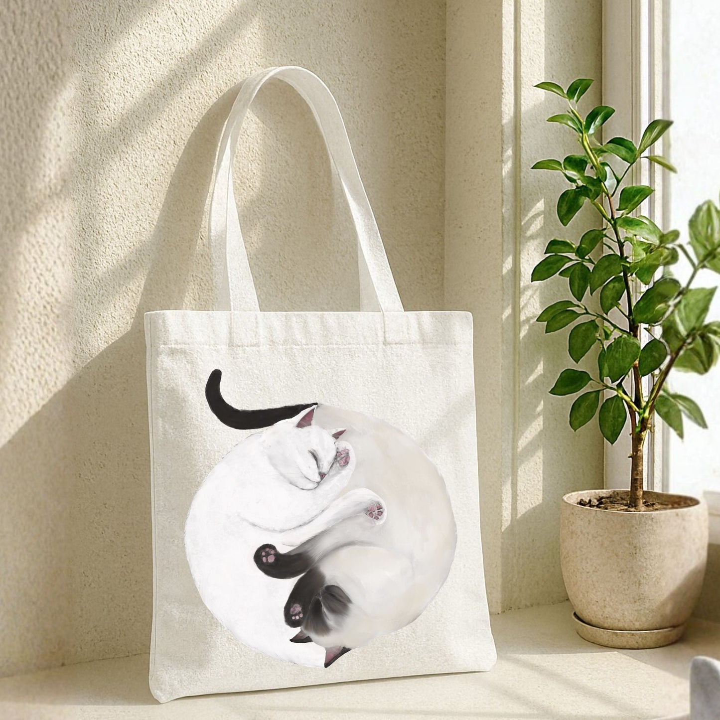 Sleeping White and Siamese Cats Canvas Tote Bag - MerikaArt
