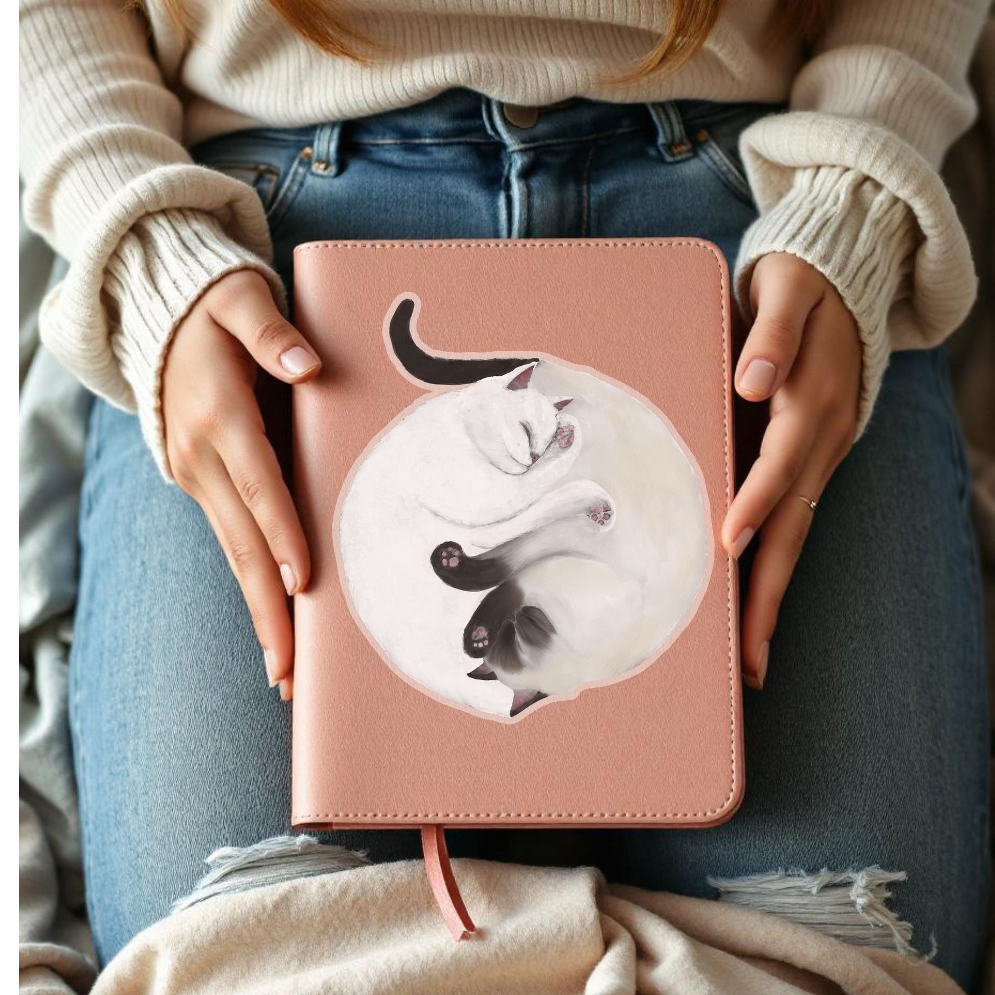 Sleeping White And Siamese Cats Vinyl Sticker - MerikaArt