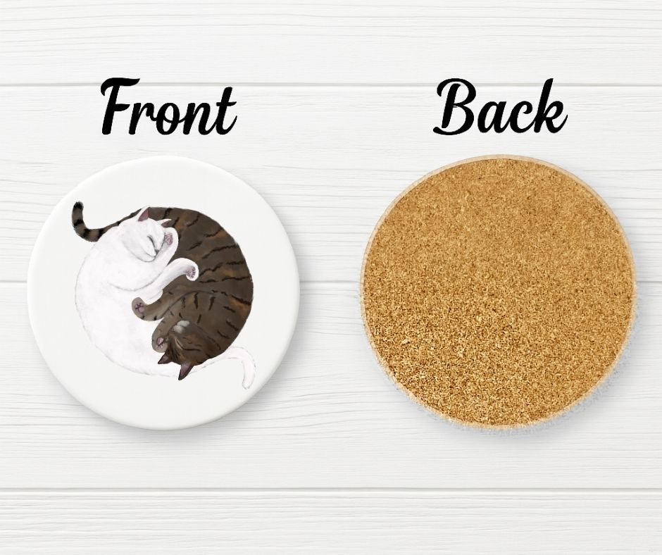 Sleeping White and Tabby Cats Ceramic Coaster - MerikaArt