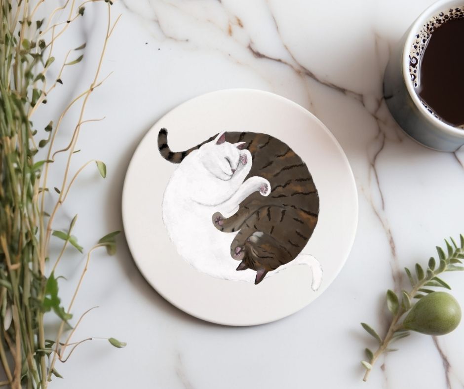 Sleeping White and Tabby Cats Ceramic Coaster - MerikaArt