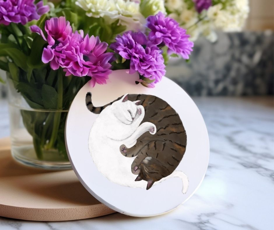Sleeping White and Tabby Cats Ceramic Coaster - MerikaArt