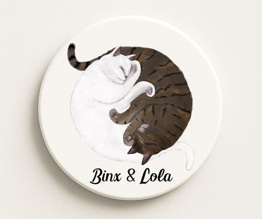 Sleeping White and Tabby Cats Ceramic Coaster - MerikaArt