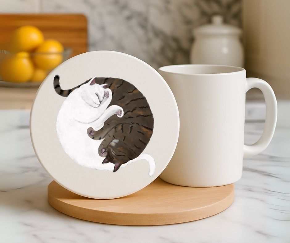 Sleeping White and Tabby Cats Ceramic Coaster - MerikaArt