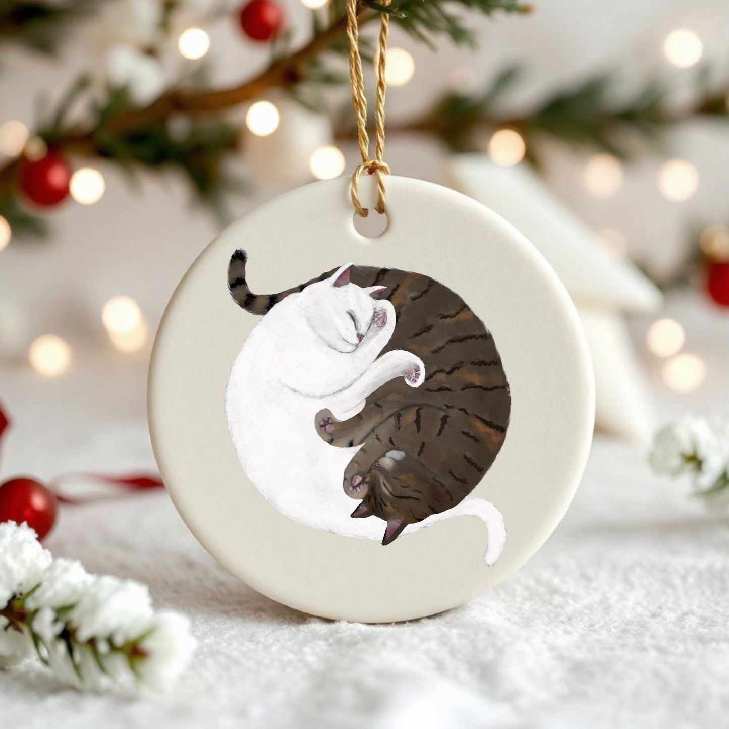 Sleeping White And Tabby Cats Ceramic Ornament - MerikaArt