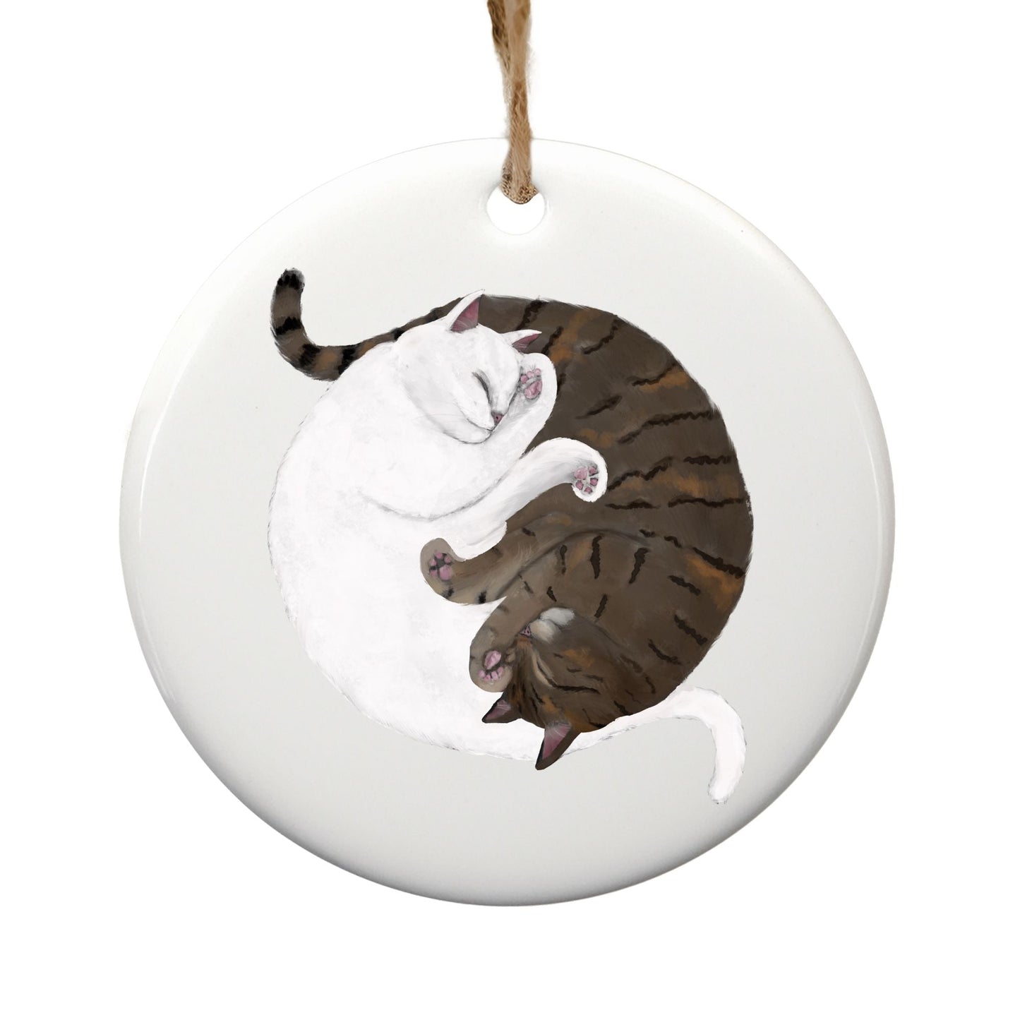 Sleeping White And Tabby Cats Ceramic Ornament - MerikaArt