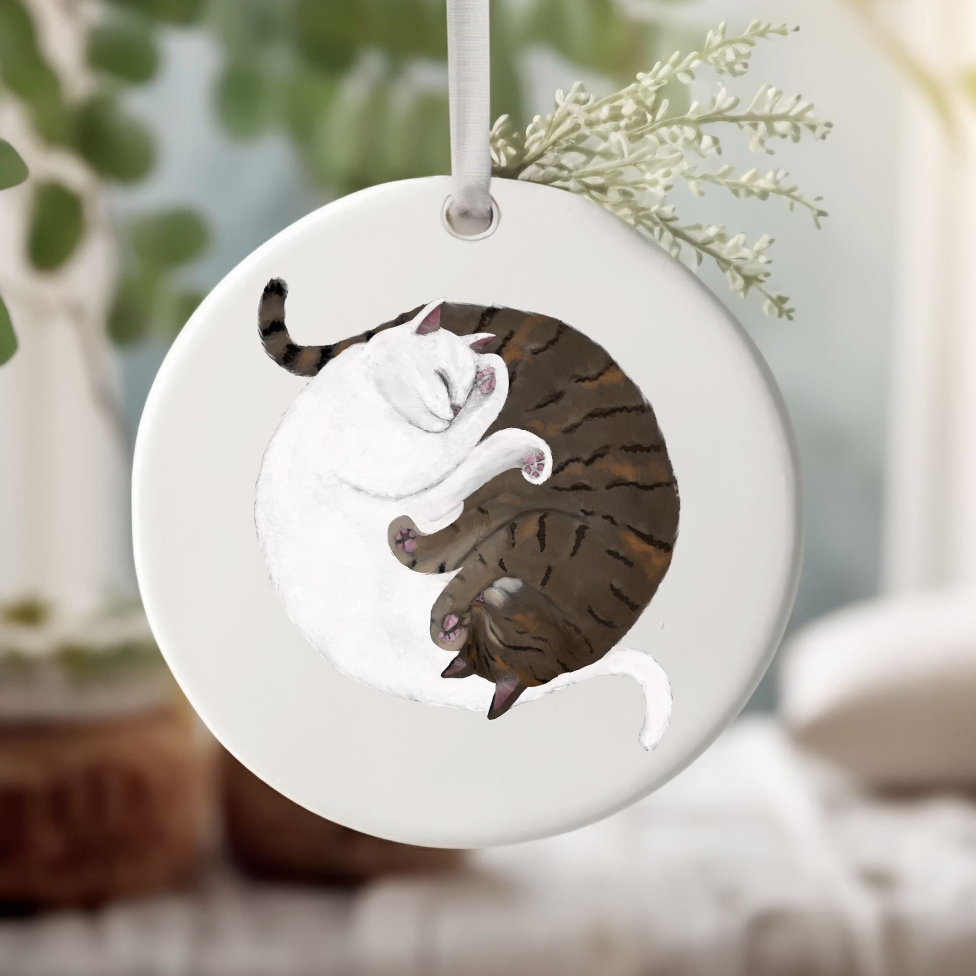 Sleeping White And Tabby Cats Ceramic Ornament - MerikaArt
