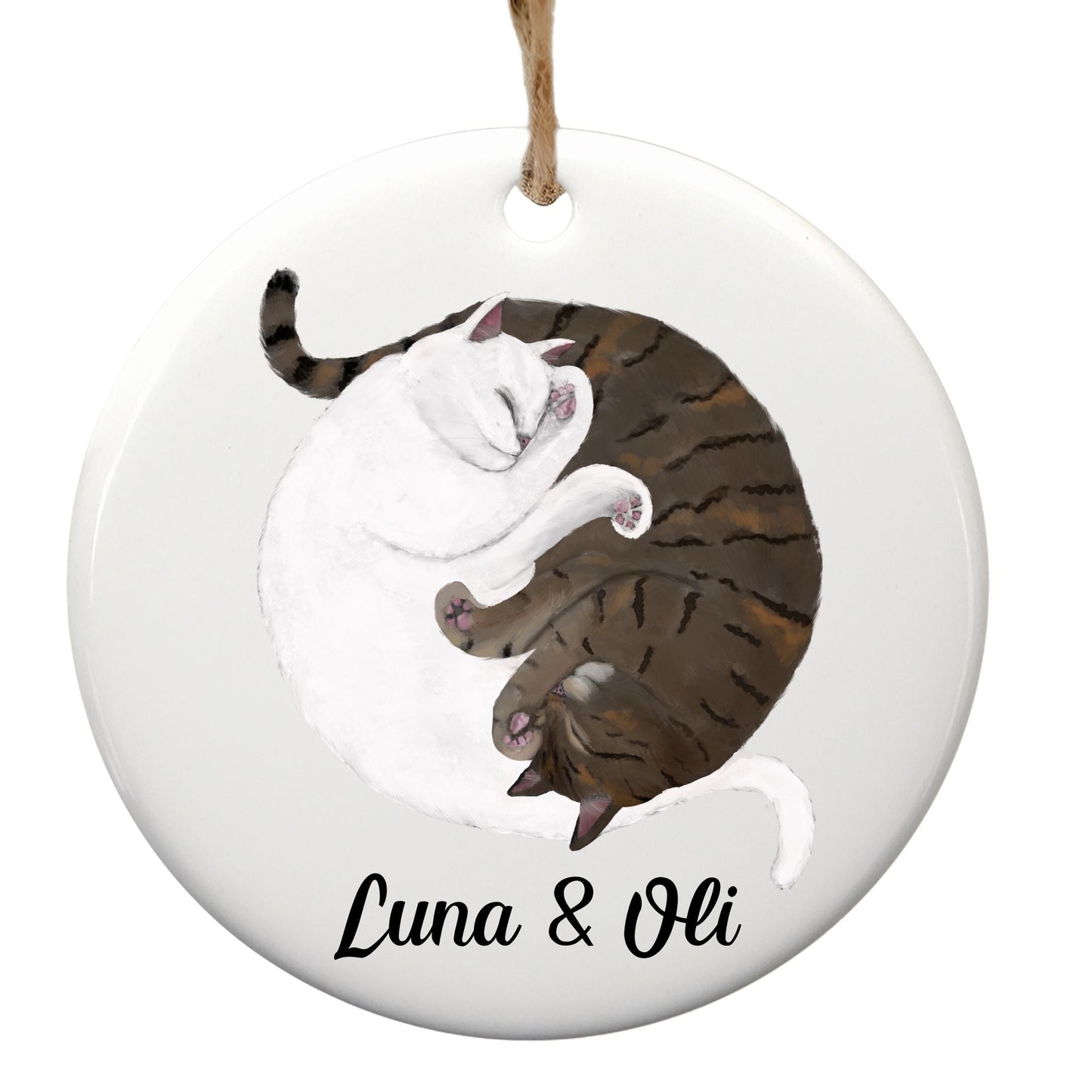 Sleeping White And Tabby Cats Ceramic Ornament - MerikaArt