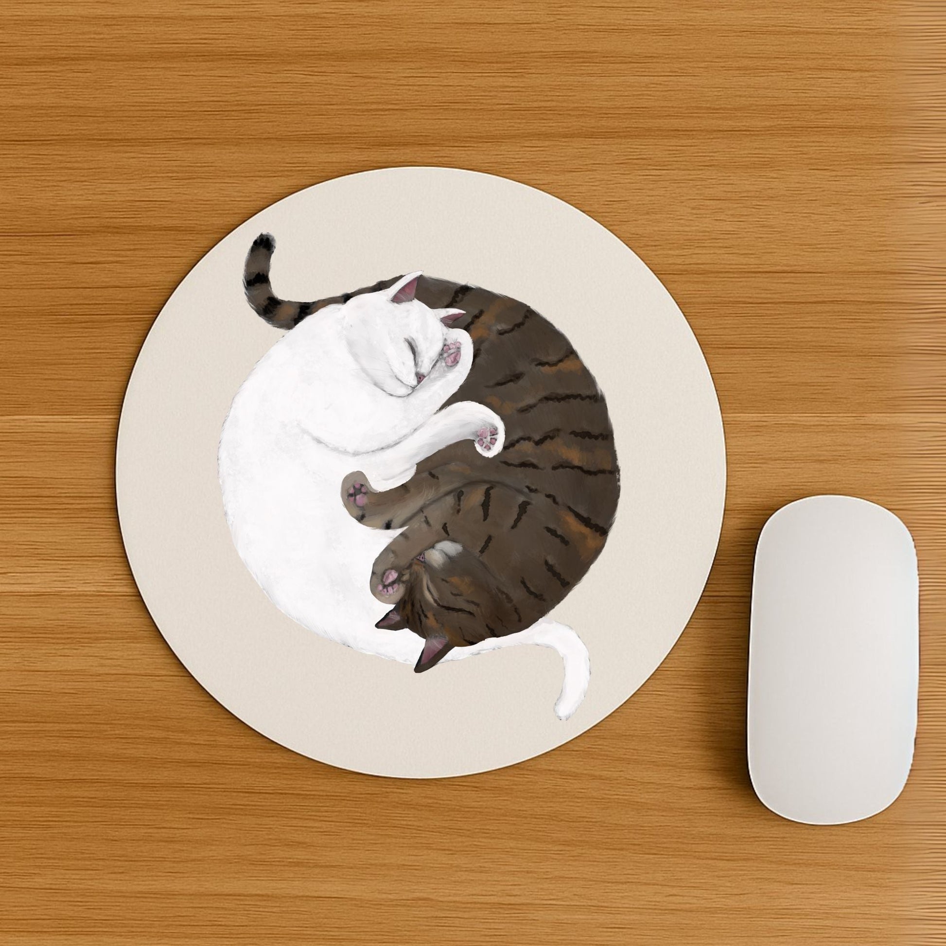 Sleeping White and Tabby Cats Mousepad - MerikaArt