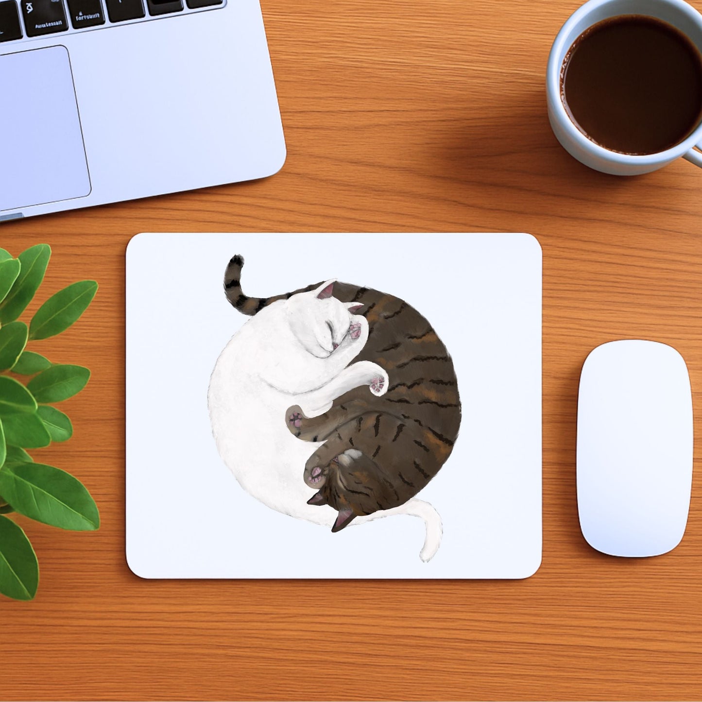 Sleeping White and Tabby Cats Mousepad - MerikaArt