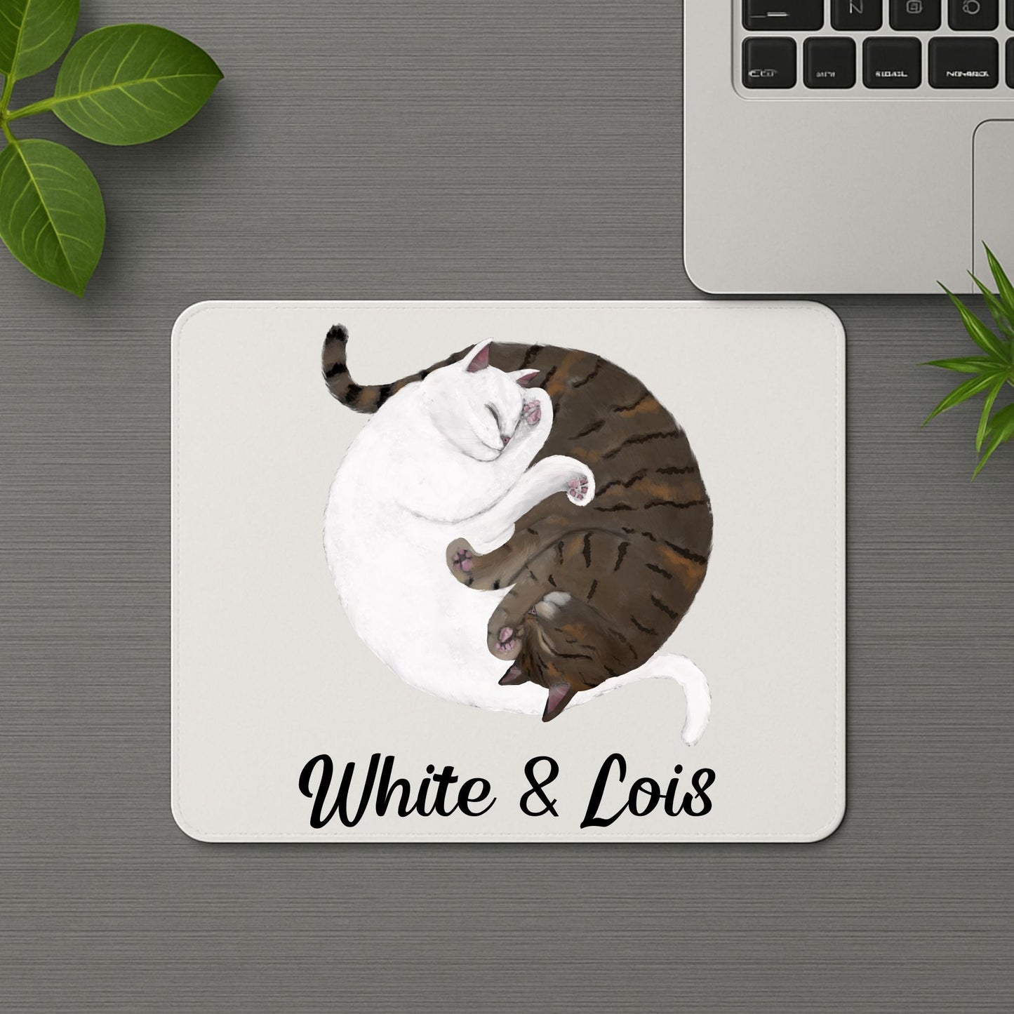Sleeping White and Tabby Cats Mousepad - MerikaArt