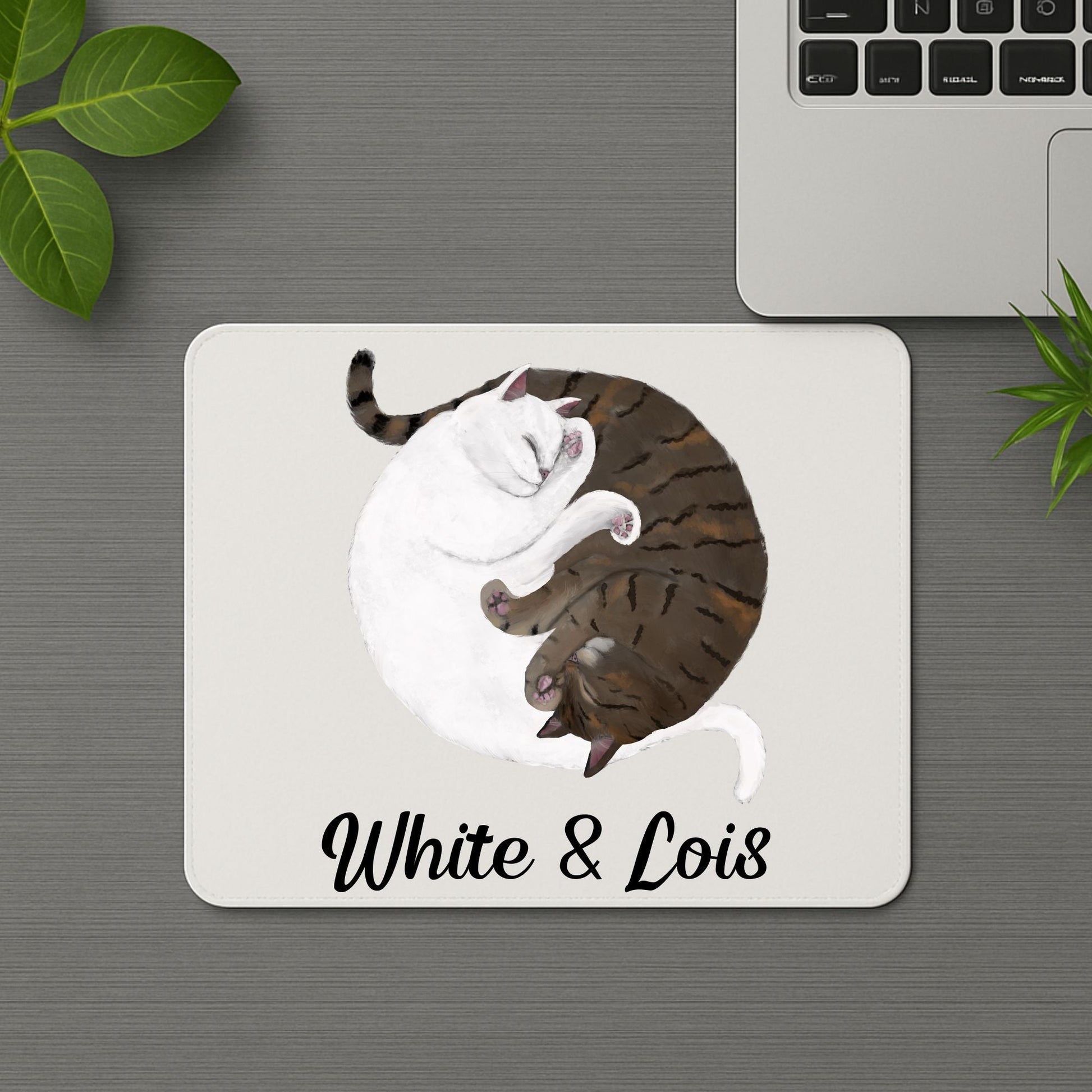 Sleeping White and Tabby Cats Mousepad - MerikaArt