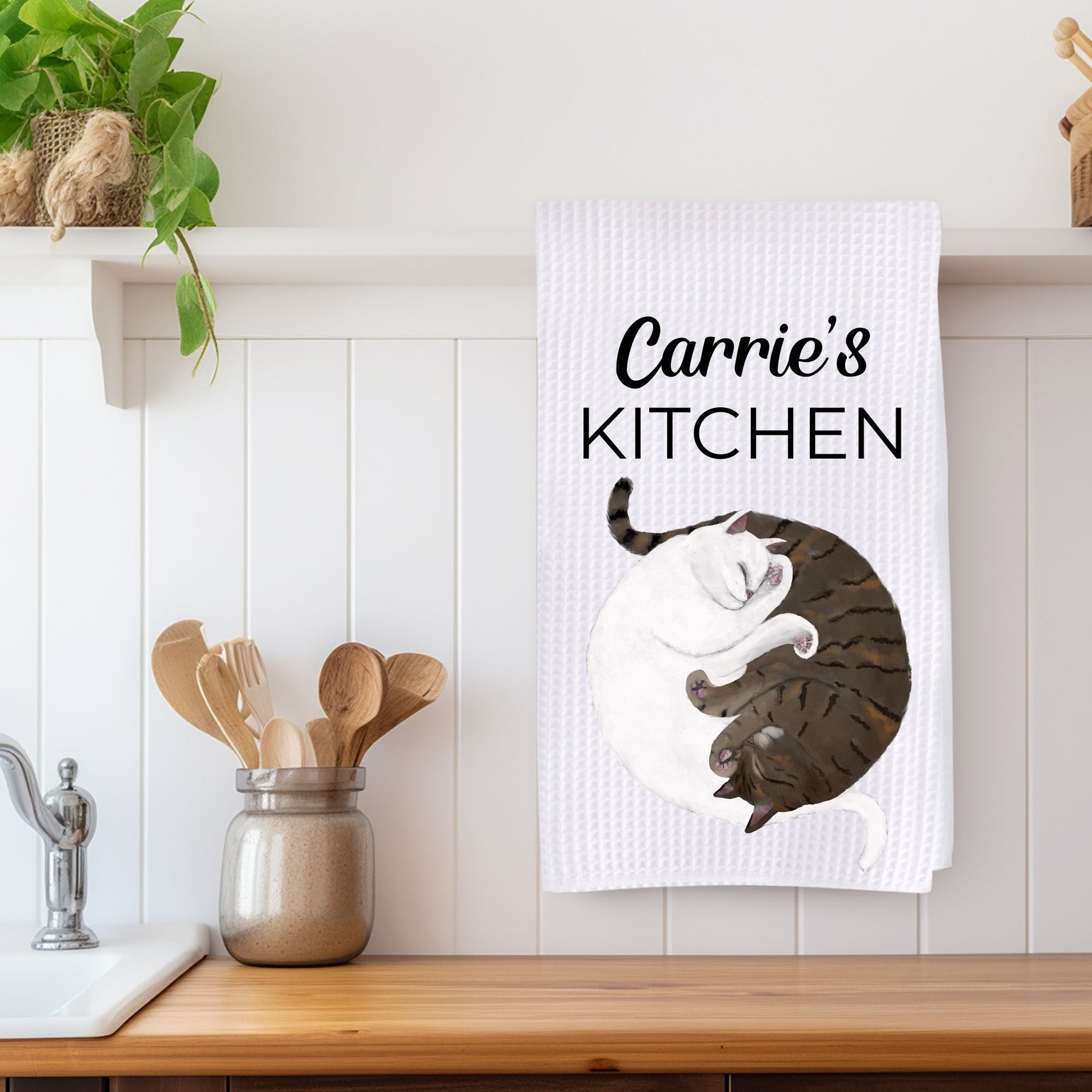 Sleeping White and Tabby Cats Waffle Weave Kitchen Towel - MerikaArt