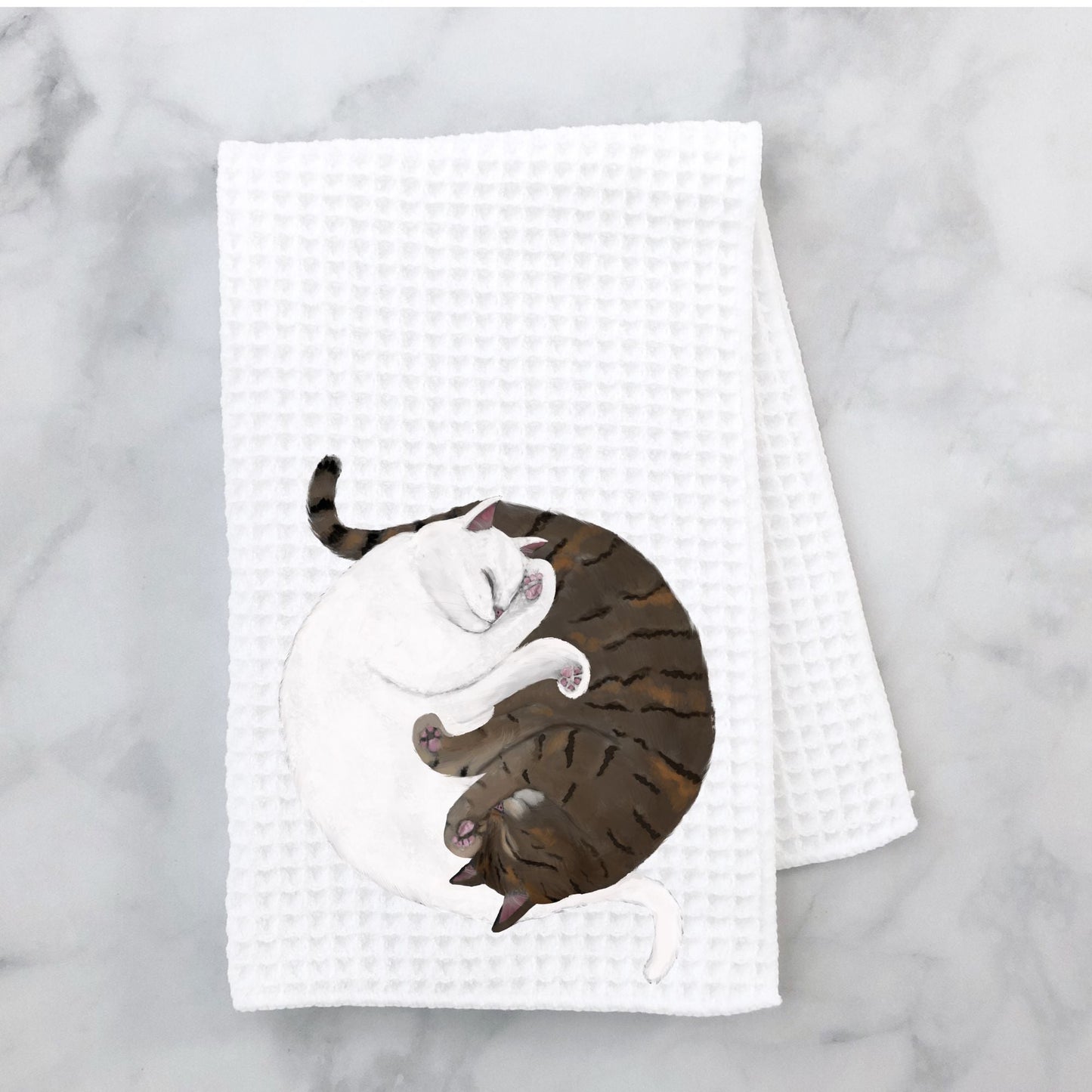 Sleeping White and Tabby Cats Waffle Weave Kitchen Towel - MerikaArt
