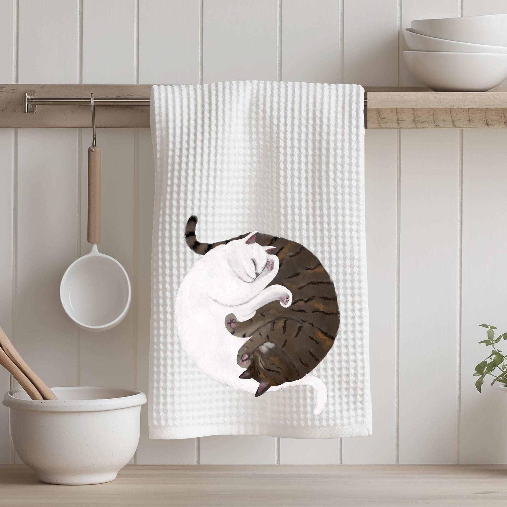 Sleeping White and Tabby Cats Waffle Weave Kitchen Towel - MerikaArt