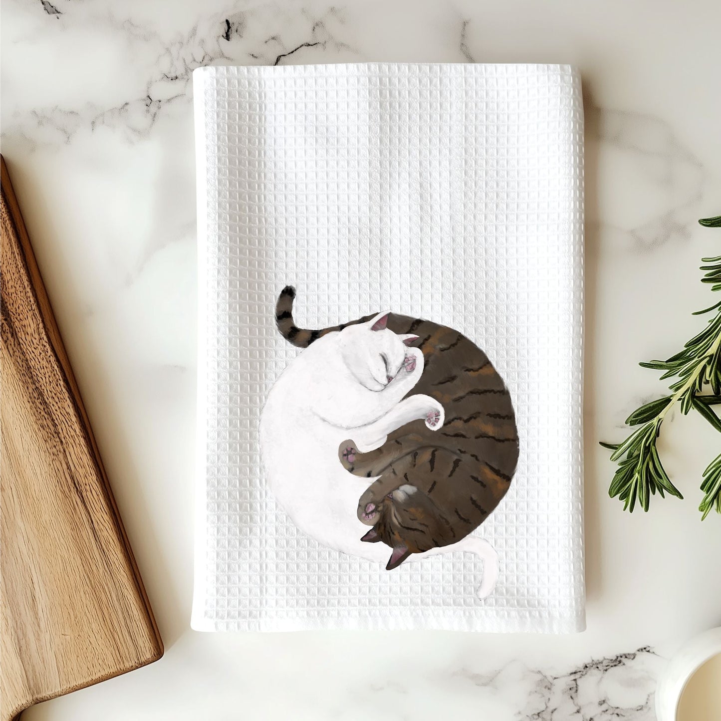 Sleeping White and Tabby Cats Waffle Weave Kitchen Towel - MerikaArt