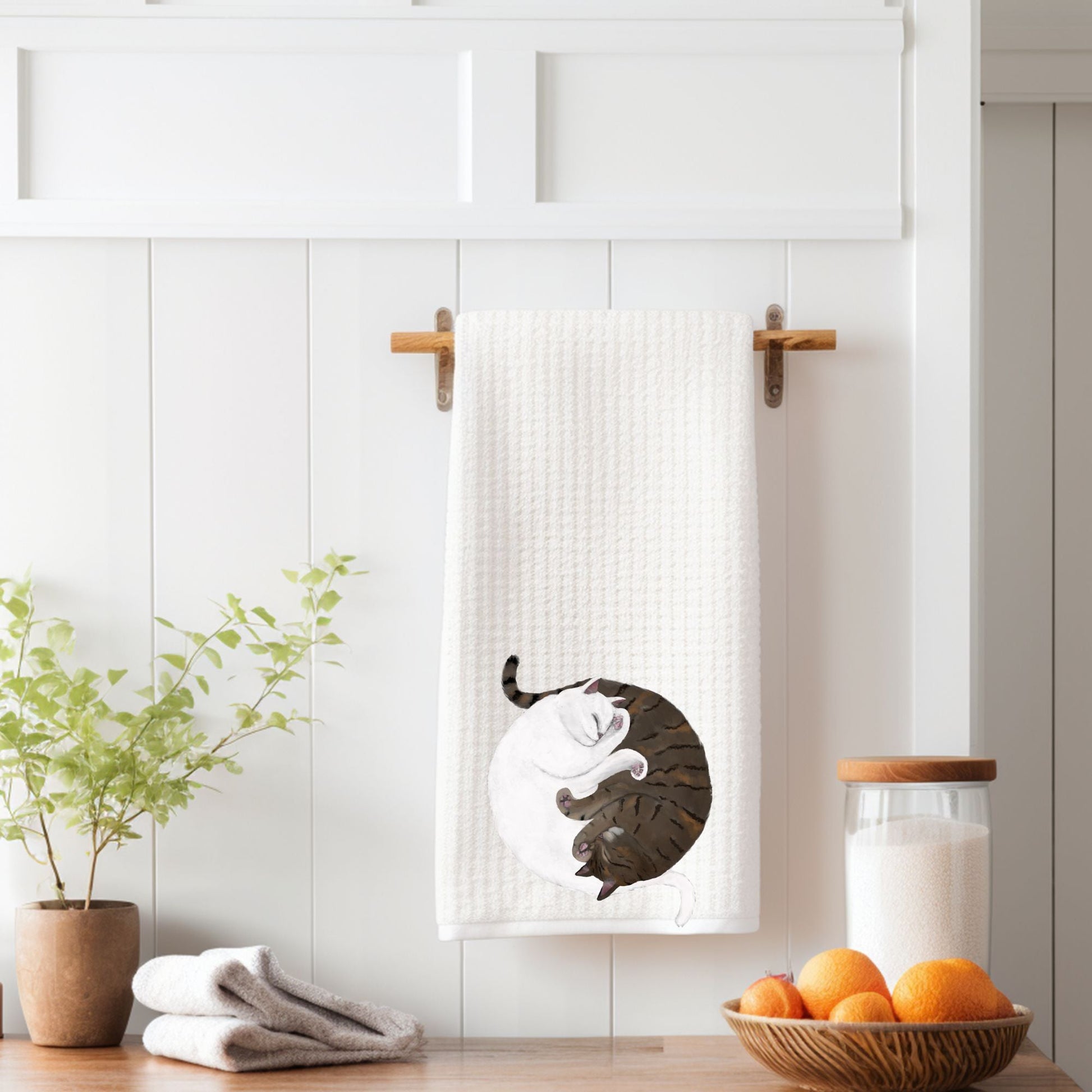 Sleeping White and Tabby Cats Waffle Weave Kitchen Towel - MerikaArt