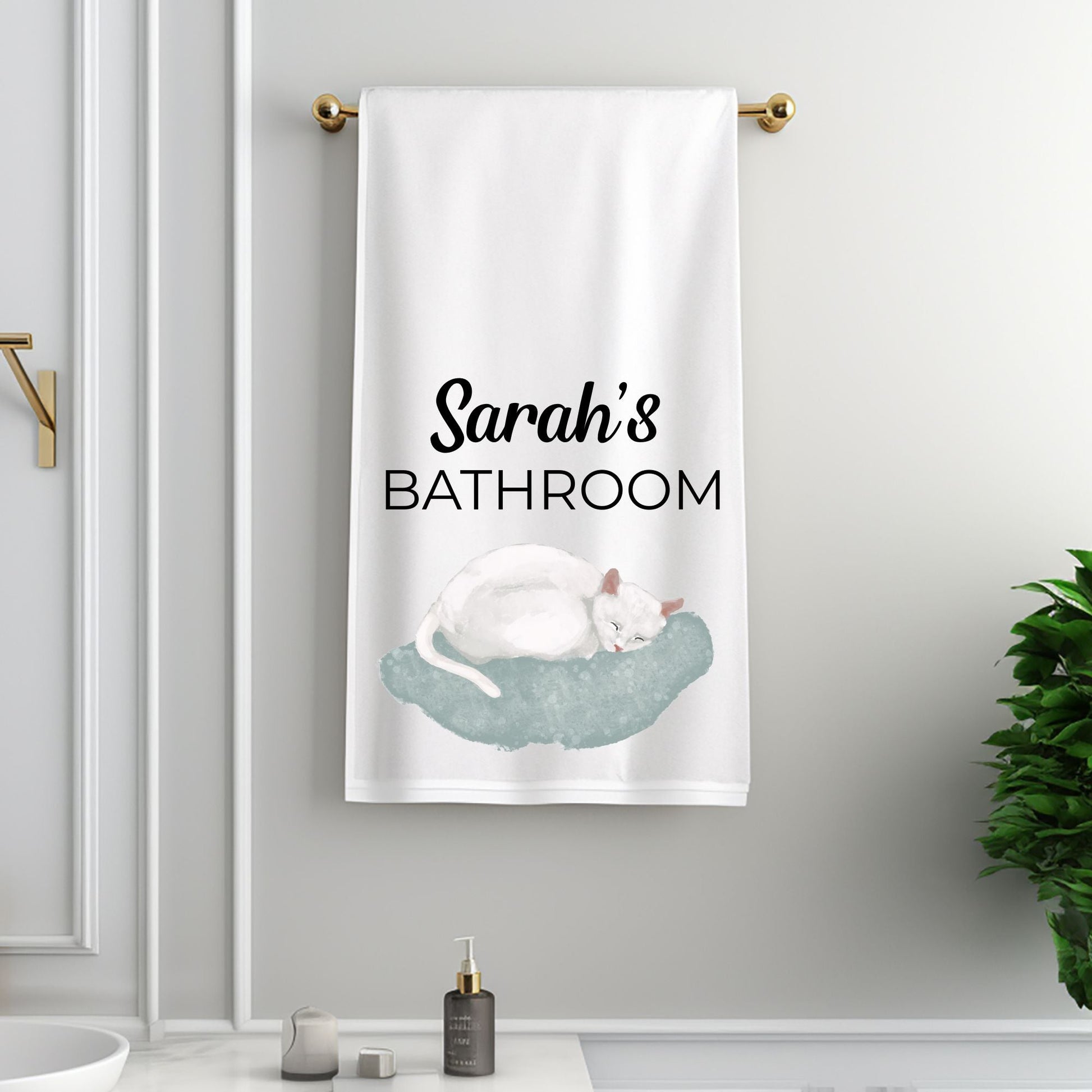 Sleeping White Cat Bathroom Towel - MerikaArt
