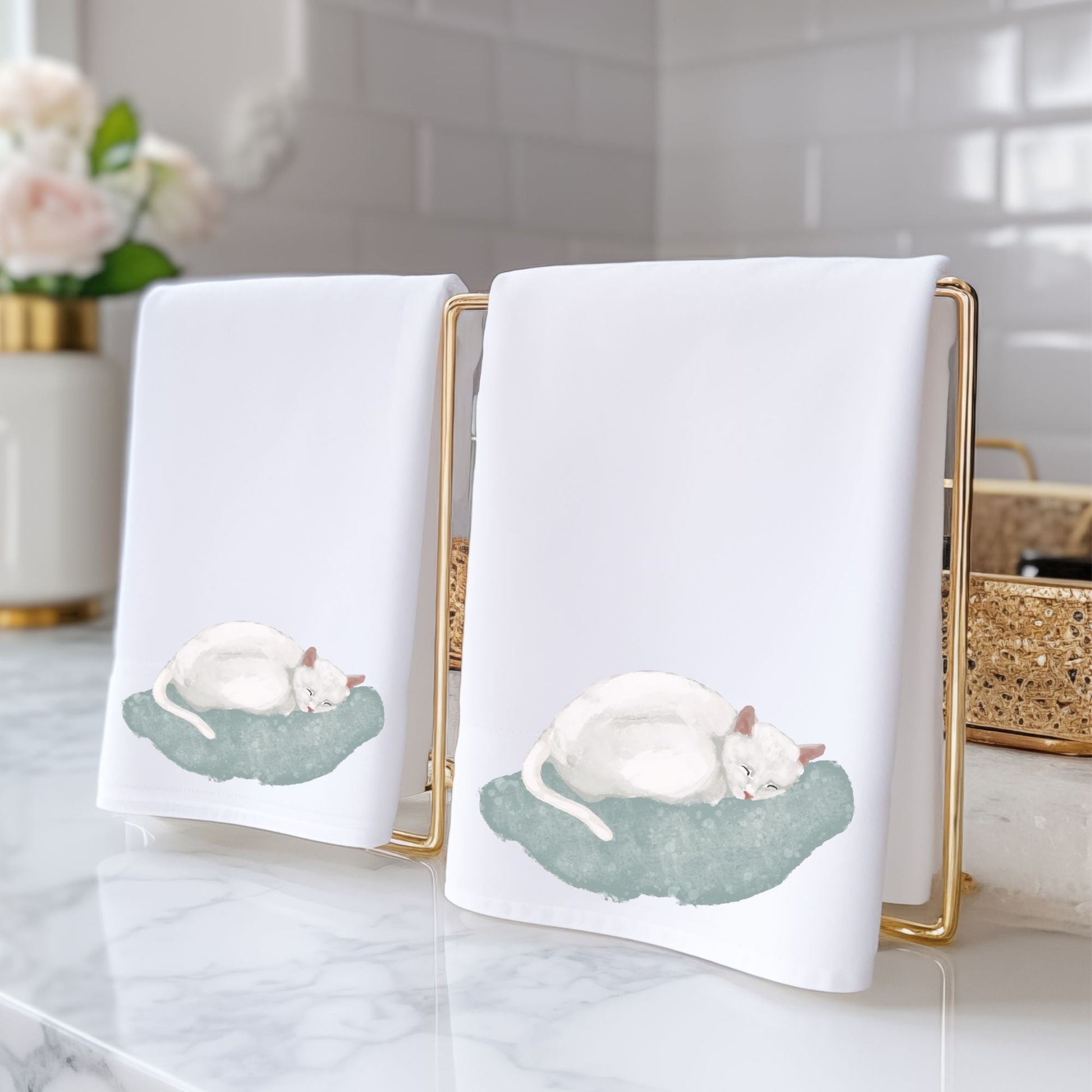 Sleeping White Cat Bathroom Towel - MerikaArt