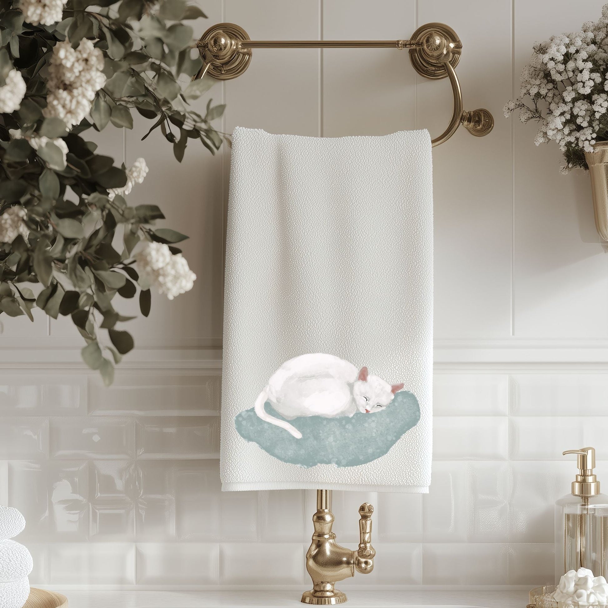 Sleeping White Cat Bathroom Towel - MerikaArt