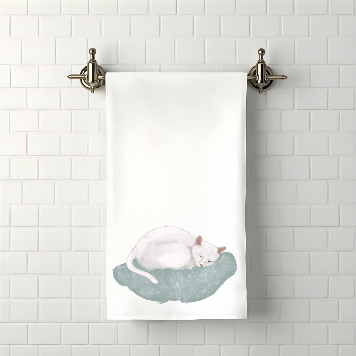 Sleeping White Cat Bathroom Towel - MerikaArt