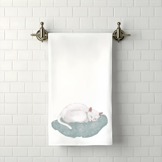 Sleeping White Cat Bathroom Towel - MerikaArt