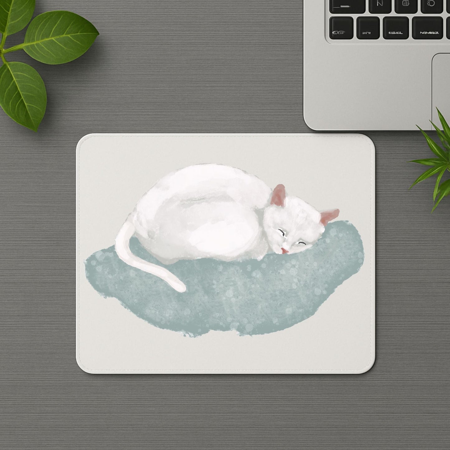 Sleeping White Cat Mousepad - MerikaArt