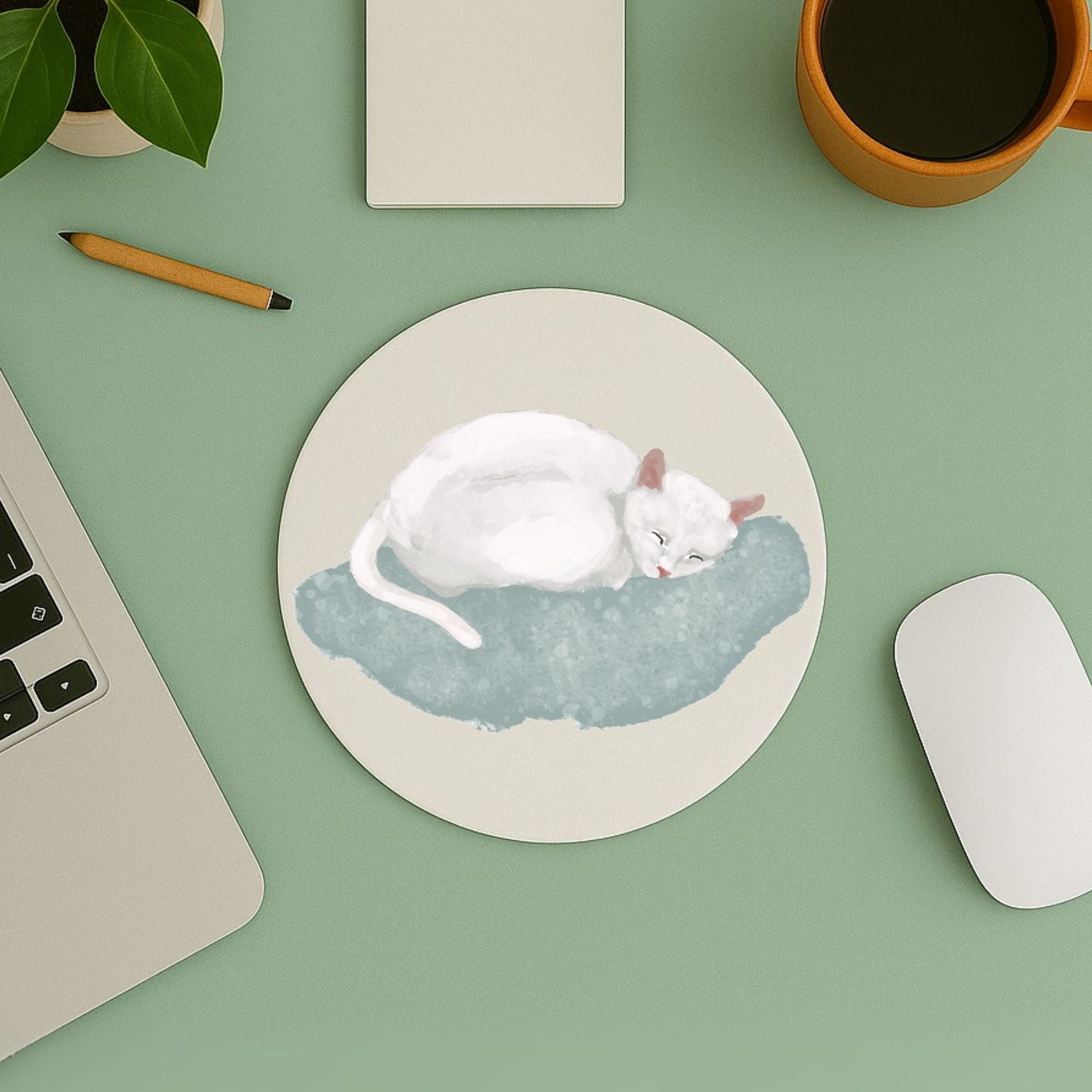 Sleeping White Cat Mousepad - MerikaArt