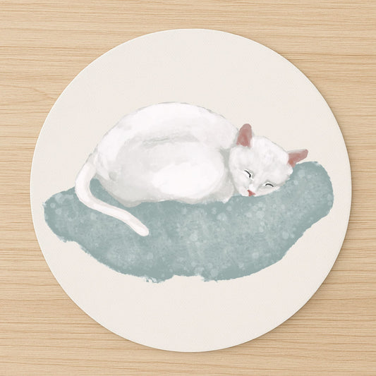 Sleeping White Cat Mousepad - MerikaArt