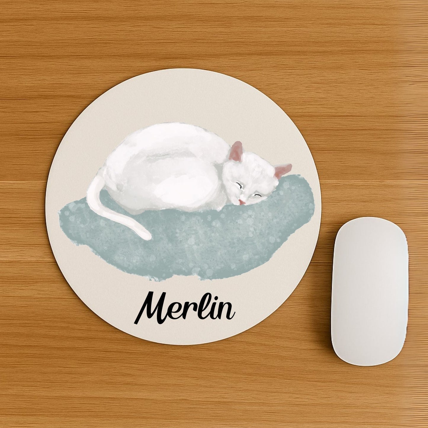 Sleeping White Cat Mousepad - MerikaArt