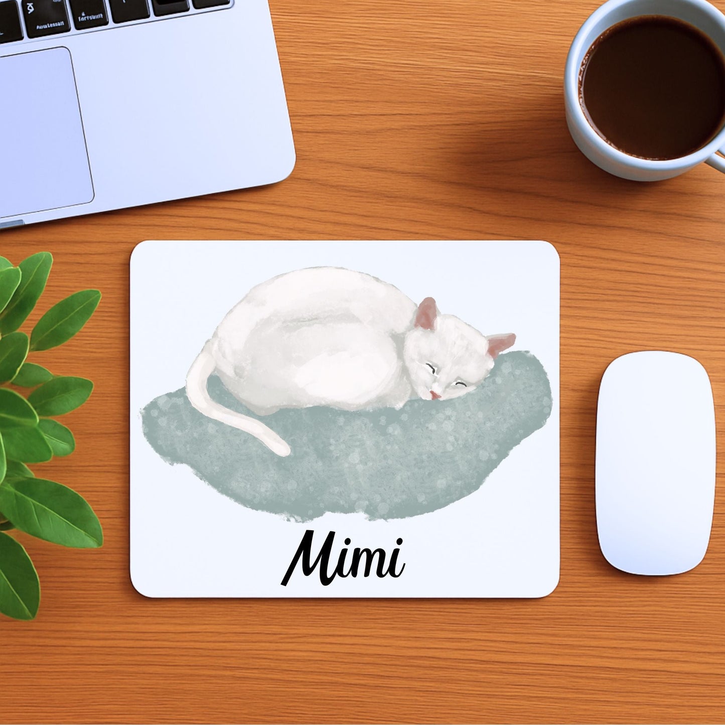 Sleeping White Cat Mousepad - MerikaArt