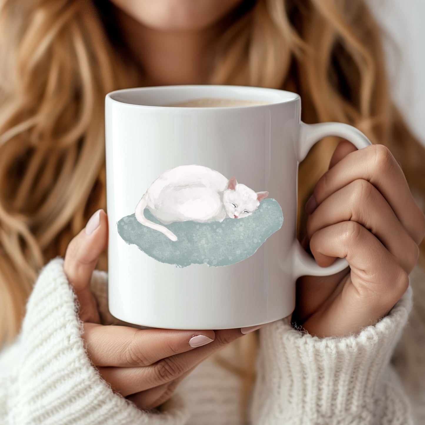 Sleeping White Cat Mug - MerikaArt
