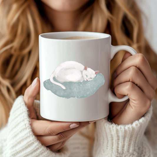 Sleeping White Cat Mug - MerikaArt