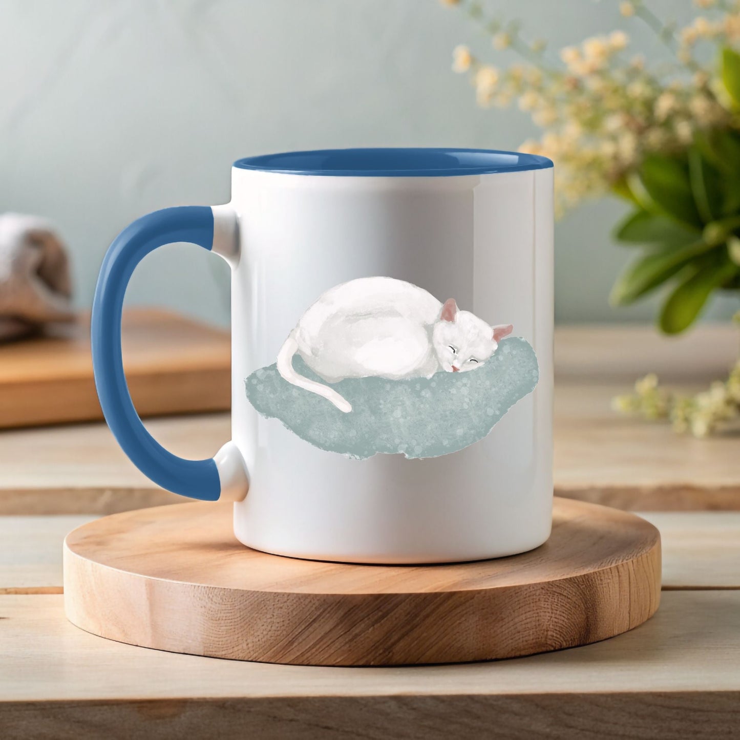 Sleeping White Cat Mug - MerikaArt