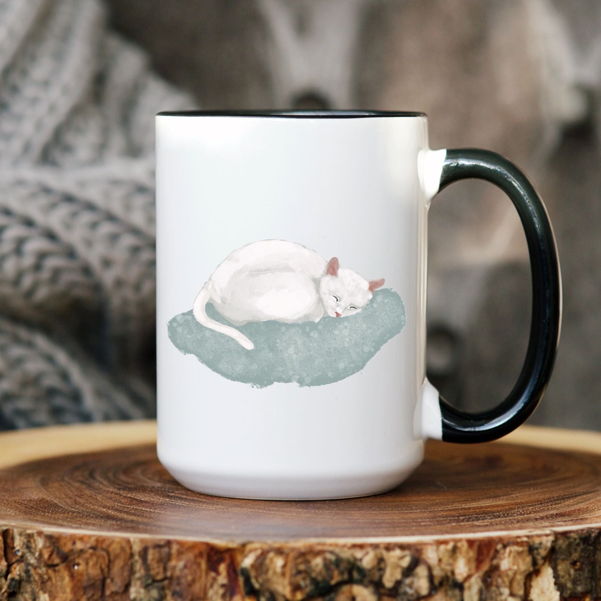Sleeping White Cat Mug - MerikaArt