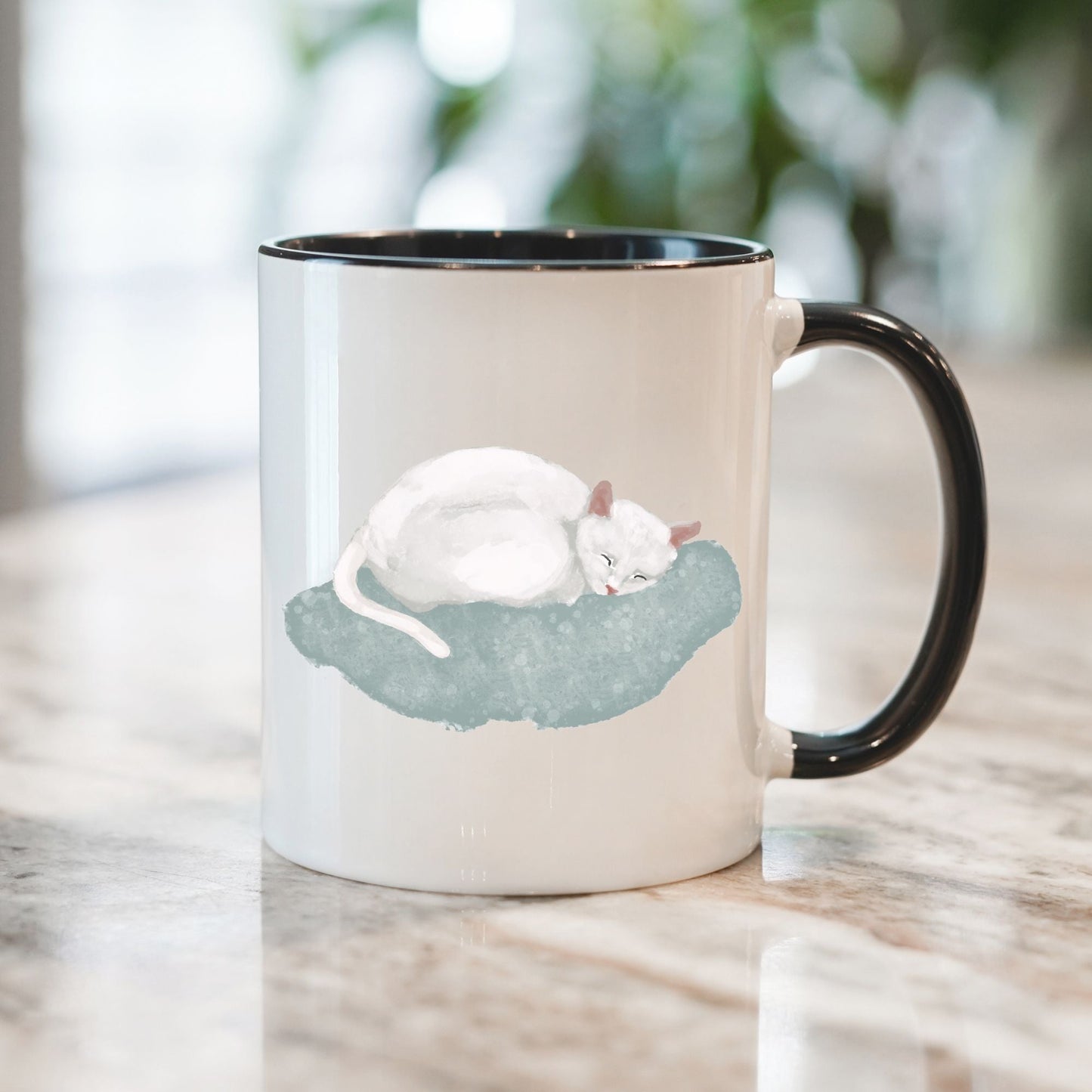 Sleeping White Cat Mug - MerikaArt