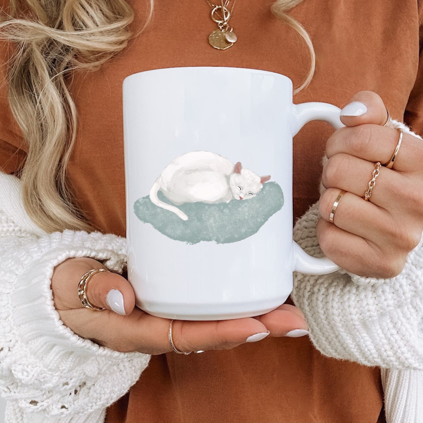 Sleeping White Cat Mug - MerikaArt