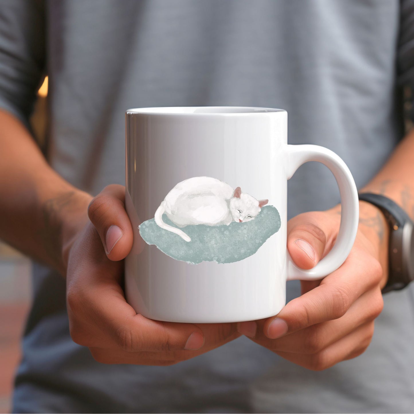 Sleeping White Cat Mug - MerikaArt