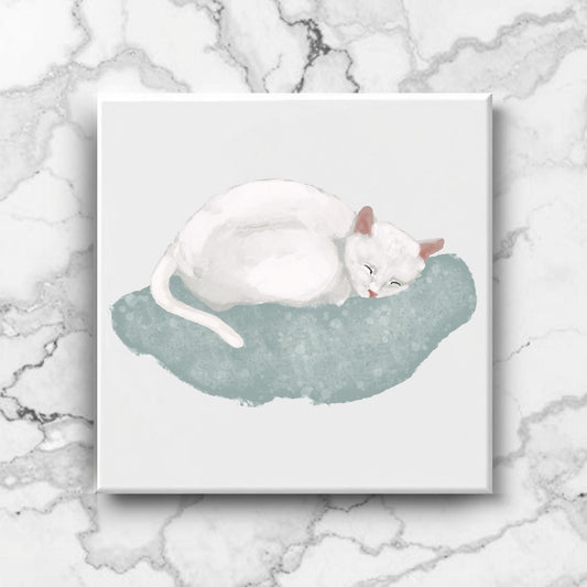 Sleeping White Cat on Cozy Cushion Ceramic Tile - MerikaArt