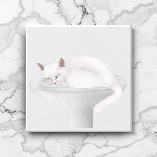 Sleeping White Cat on Sink Ceramic Tile - MerikaArt